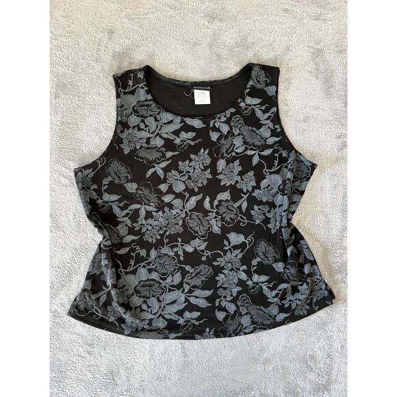 Vintage 90s Y2K Stretchy Floral Tank Top Large Black Whimsigoth Grunge Cyber - Picture 12 of 13